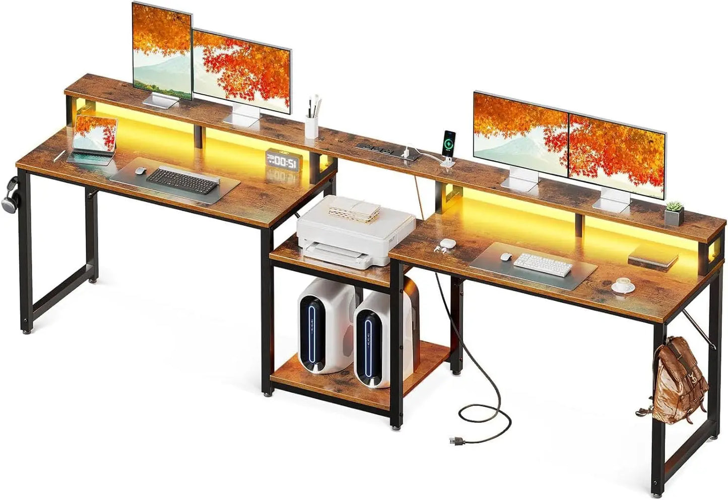 Mesa de jogos com prateleiras de armazenamento, mesa dupla comprida para computador, escritório em casa, com porta de carregamento USB e luzes LED.