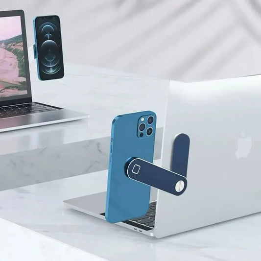 Suporte magnético portátil em liga de alumínio para celular com extensão metálica para tela lateral de laptop.