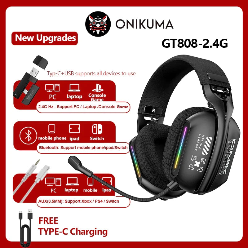 Onikuma GT808 Headset Gamer Sem Fio para E-Sports com Três Modos, Microfone, Iluminação RGB, Compatível com Bluetooth 5.3/2.4G e Entrada Auxiliar de 3,5mm