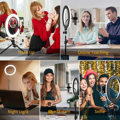 Ring Light LED para Selfie de 16/26/33cm com Intensidade Ajustável, Ideal para Fotografia, Vídeos ao Vivo e Estúdio Fotográfico com Celular.