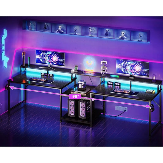 Mesa de jogos com prateleiras de armazenamento, mesa dupla comprida para computador, escritório em casa, com porta de carregamento USB e luzes LED.