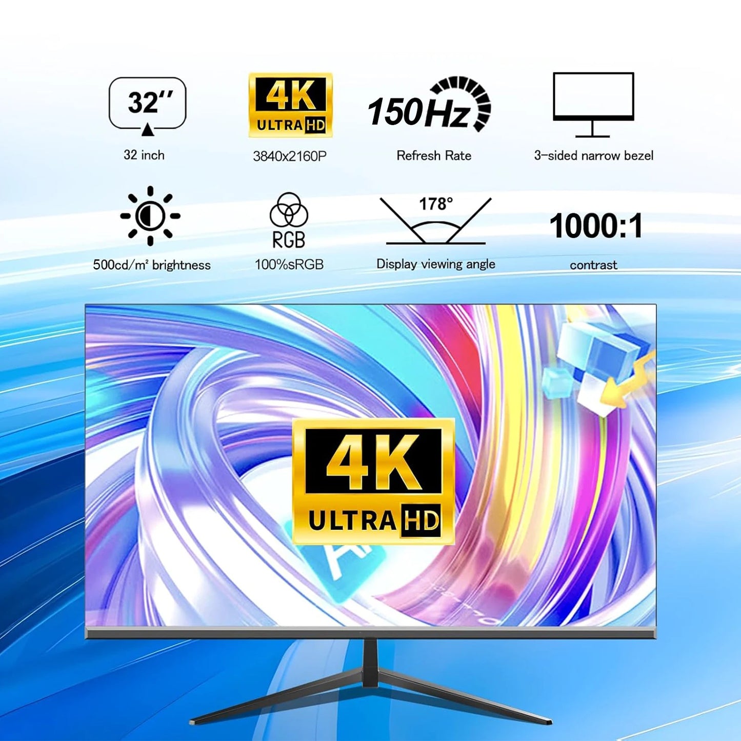 Monitor de jogos de 32 polegadas 4K 1K 75Hz 100Hz 150Hz 165Hz 240Hz, painel IPS de 1ms, sem moldura, para PC desktop.