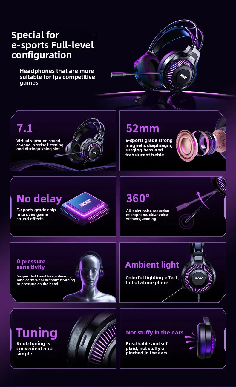 Fones de ouvido Acer Gaming com microfone, som surround virtual estéreo 7.1, luz LED e graves potentes, para jogos de computador (OHW303).
