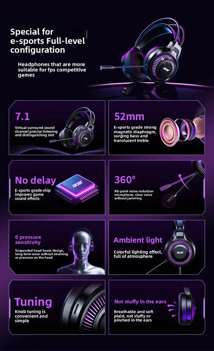 Fones de ouvido Acer Gaming com microfone, som surround virtual estéreo 7.1, luz LED e graves potentes, para jogos de computador (OHW303).
