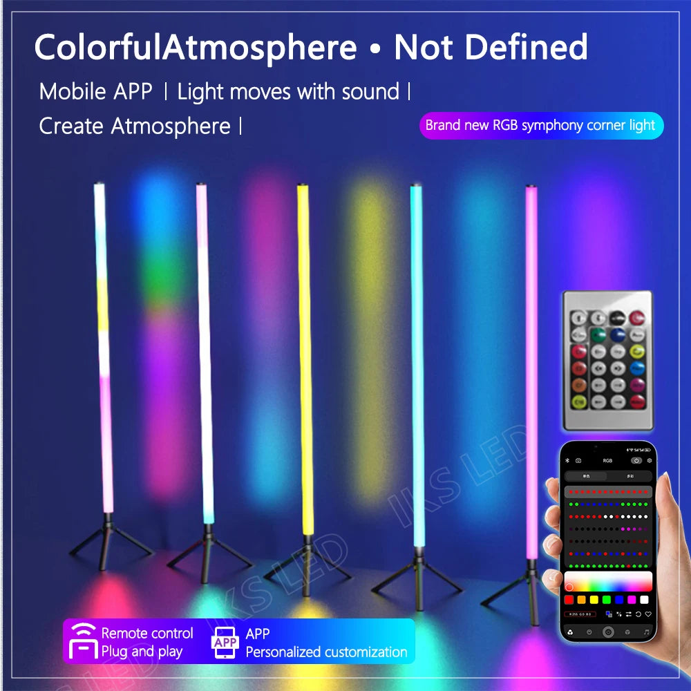 Luminária de chão LED RGB de 120 cm, moderna, para cantos, com design aconchegante, ideal para decoração de interiores. Controle remoto inteligente por aplicativo.