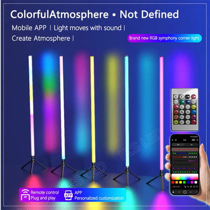 Luminária de chão LED RGB de 120 cm, moderna, para cantos, com design aconchegante, ideal para decoração de interiores. Controle remoto inteligente por aplicativo.