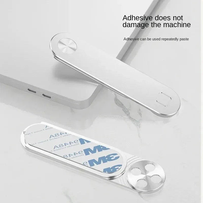 Suporte magnético portátil em liga de alumínio para celular com extensão metálica para tela lateral de laptop.