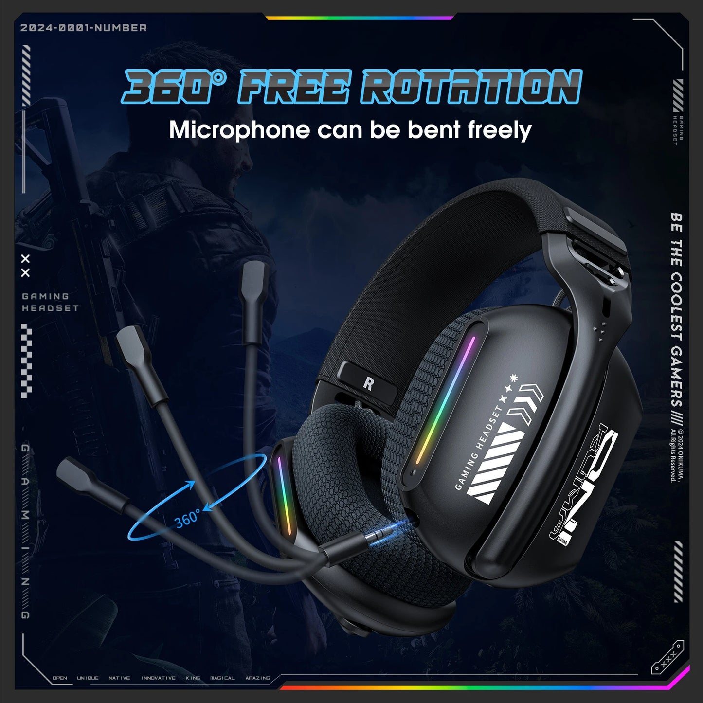 Onikuma GT808 Headset Gamer Sem Fio para E-Sports com Três Modos, Microfone, Iluminação RGB, Compatível com Bluetooth 5.3/2.4G e Entrada Auxiliar de 3,5mm