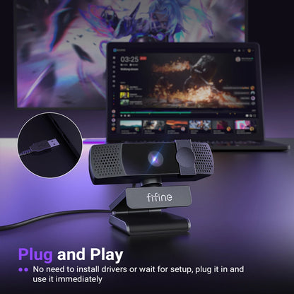 Webcam FIFINE 2K QHD para jogos e transmissões ao vivo, câmera USB Plug & Play para desktop e laptop com foco automático e tampa de privacidade - K436