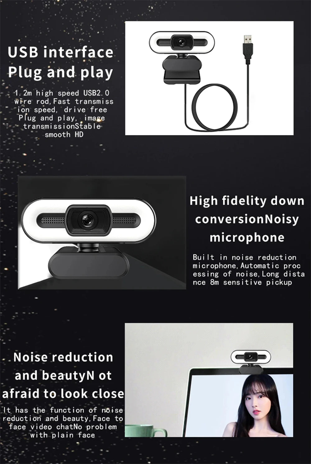 Webcam portátil Full HD 1080P 2K 4K para PC e laptop, com foco automático, ideal para transmissões ao vivo com microfone e iluminação. Transmissão ao vivo flexível e com iluminação integrada.