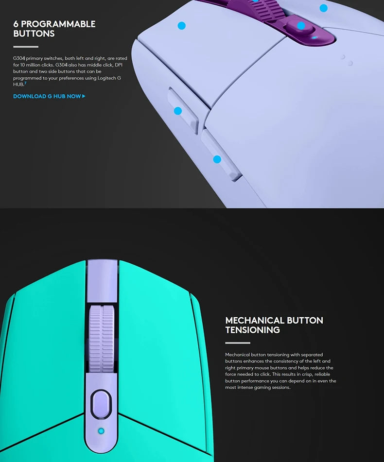 Wireless G304 /G305 Mouse Bateria de longa duração, perfeita para trabalho de escritório e sessões de jogos.