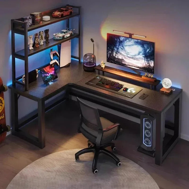 Mesas de computador de canto modernas, mesa dupla, mesa para jogos em cibercafé, mesa para casa, estante integrada, móveis de escritório