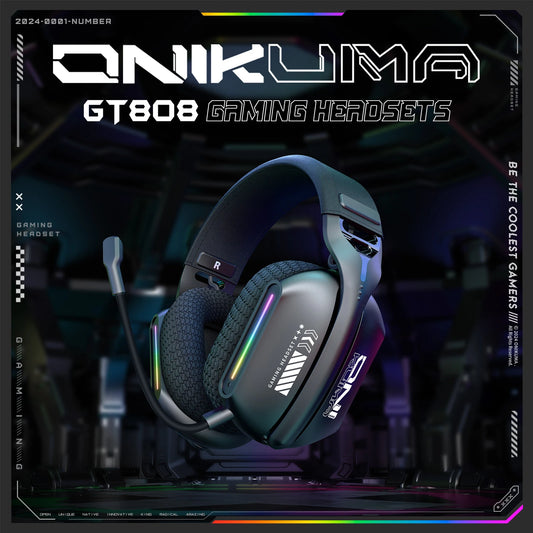 Onikuma GT808 Headset Gamer Sem Fio para E-Sports com Três Modos, Microfone, Iluminação RGB, Compatível com Bluetooth 5.3/2.4G e Entrada Auxiliar de 3,5mm