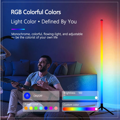 Luminária de chão LED RGB de 120 cm, moderna, para cantos, com design aconchegante, ideal para decoração de interiores. Controle remoto inteligente por aplicativo.