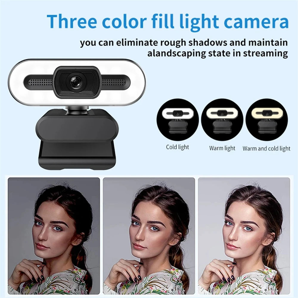 Webcam portátil Full HD 1080P 2K 4K para PC e laptop, com foco automático, ideal para transmissões ao vivo com microfone e iluminação. Transmissão ao vivo flexível e com iluminação integrada.