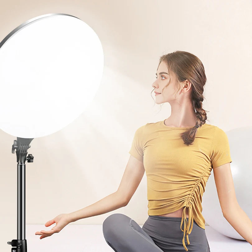 Painel de luz LED circular de 10 polegadas para estúdio fotográfico e vídeo, com controle remoto e compatível com tripé para transmissão ao vivo.