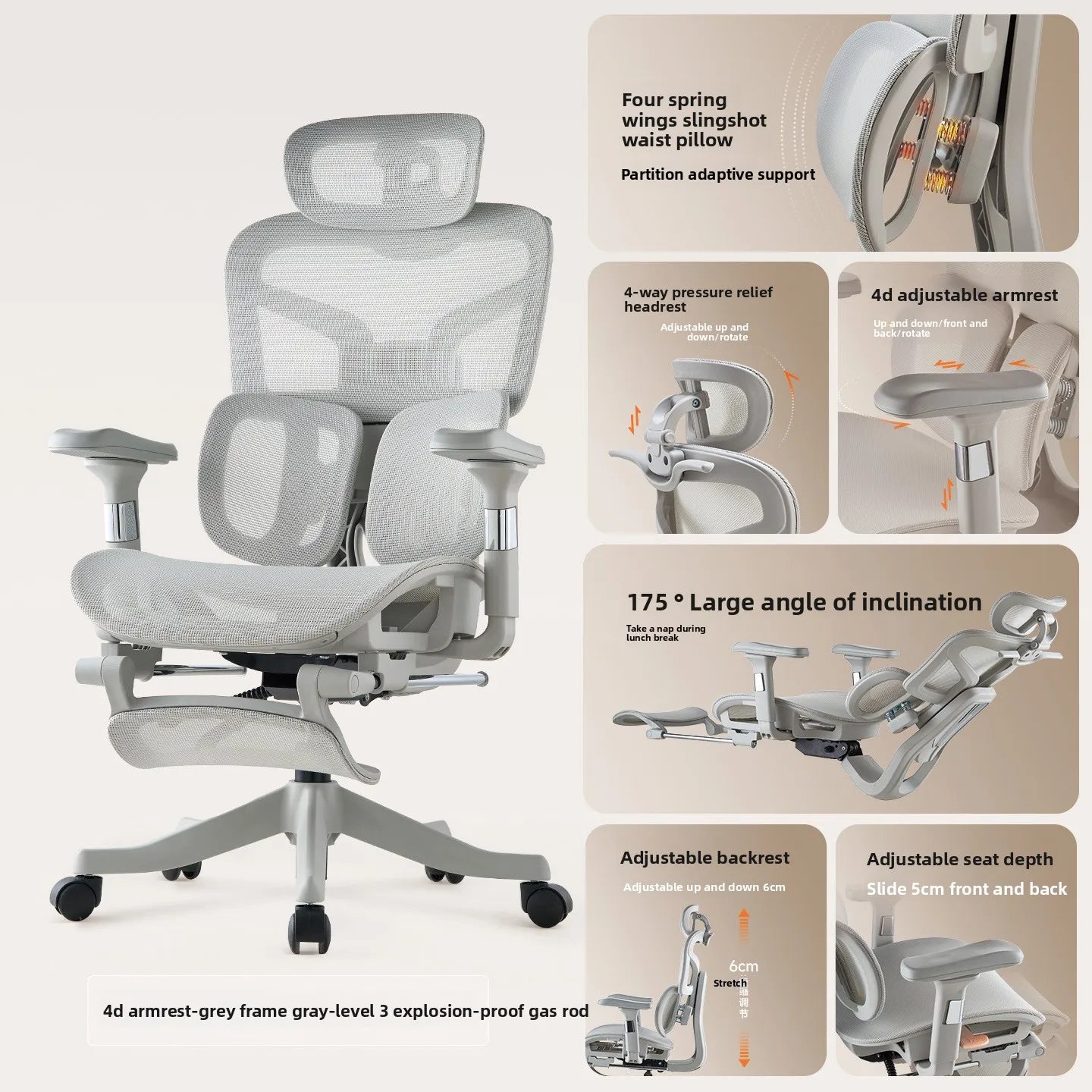 Cadeira Ergonômica de Esports com Elevação, Apoio de Braço 6D, Suporte Lombar, para Computador, Uso Doméstico, Escritório e Uso no Quarto.