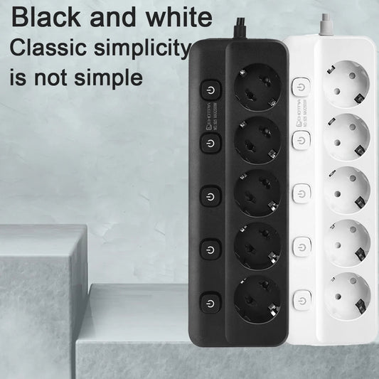 Régua de tomadas com plugue europeu, tomadas CA, extensão elétrica de 1,8 m com interruptor de controle independente e filtro de rede.
