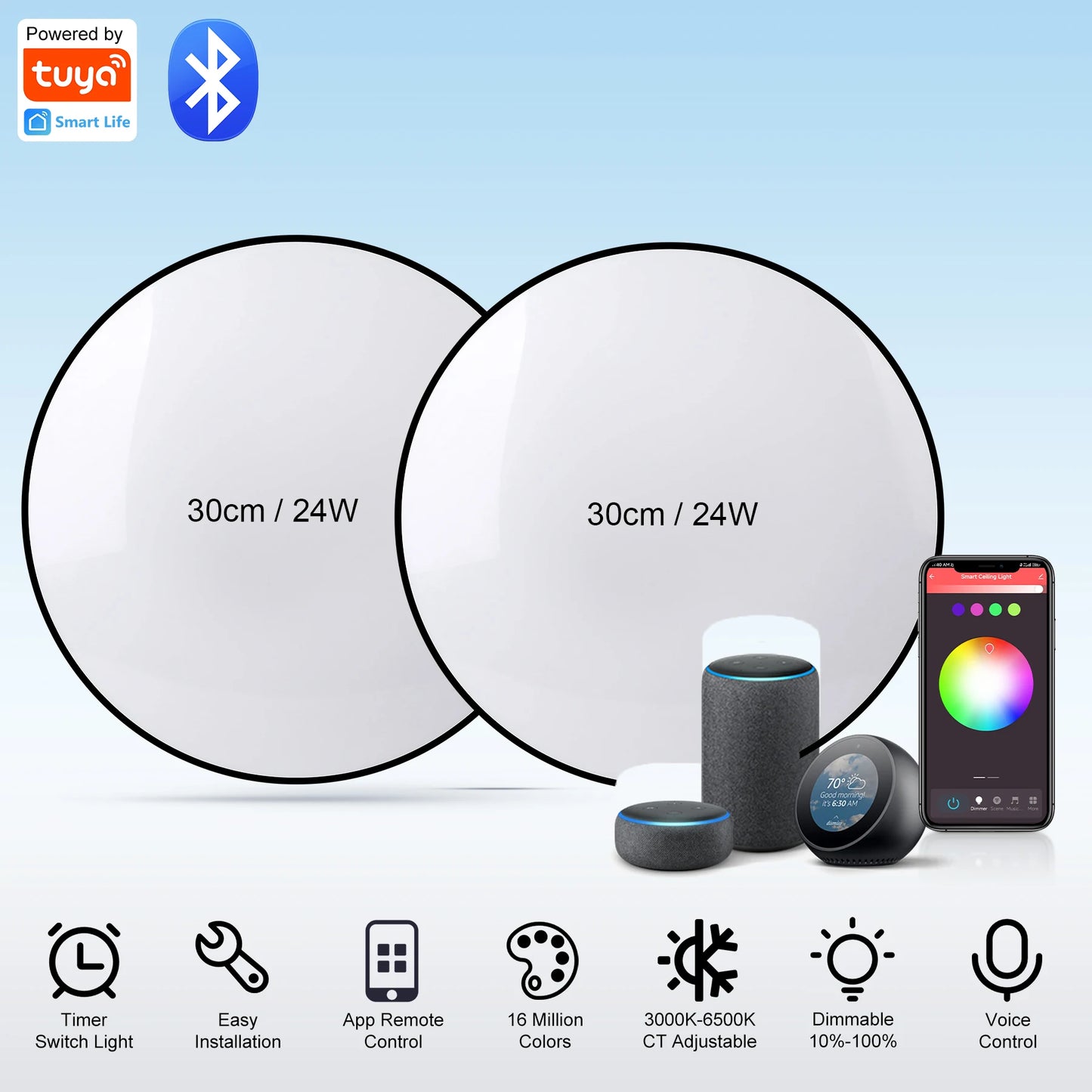 Luminária de teto LED com dimerização remota, brilho inteligente RGB, iluminação Tuya, Bluetooth, decoração de interiores, Alexa, painel de teto LED