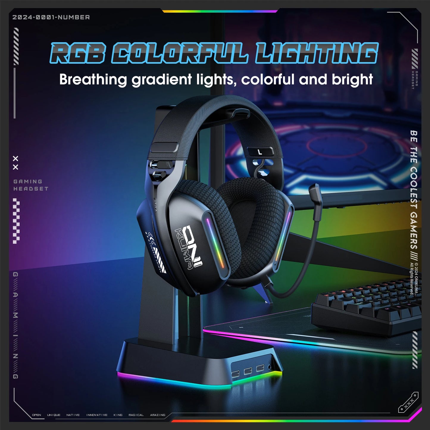 Onikuma GT808 Headset Gamer Sem Fio para E-Sports com Três Modos, Microfone, Iluminação RGB, Compatível com Bluetooth 5.3/2.4G e Entrada Auxiliar de 3,5mm