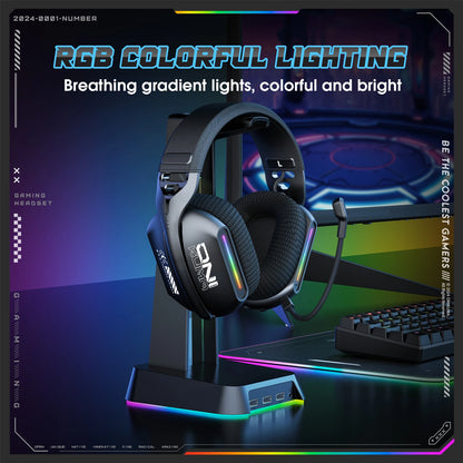Onikuma GT808 Headset Gamer Sem Fio para E-Sports com Três Modos, Microfone, Iluminação RGB, Compatível com Bluetooth 5.3/2.4G e Entrada Auxiliar de 3,5mm