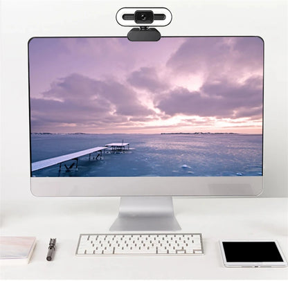 Webcam portátil Full HD 1080P 2K 4K para PC e laptop, com foco automático, ideal para transmissões ao vivo com microfone e iluminação. Transmissão ao vivo flexível e com iluminação integrada.