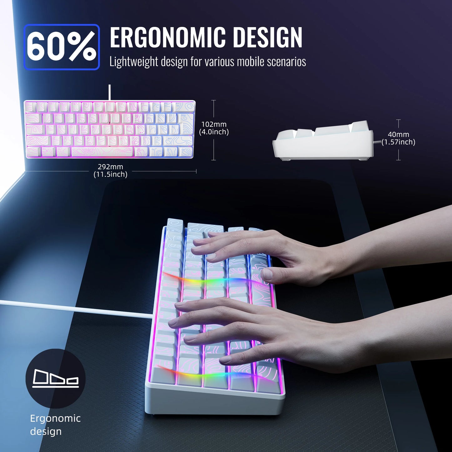Conjunto de teclado, teclado numérico e mouse para jogos ao 60%, O mini teclado para jogos tem 61 teclas e apresenta uma verdadeira retroiluminação RGB