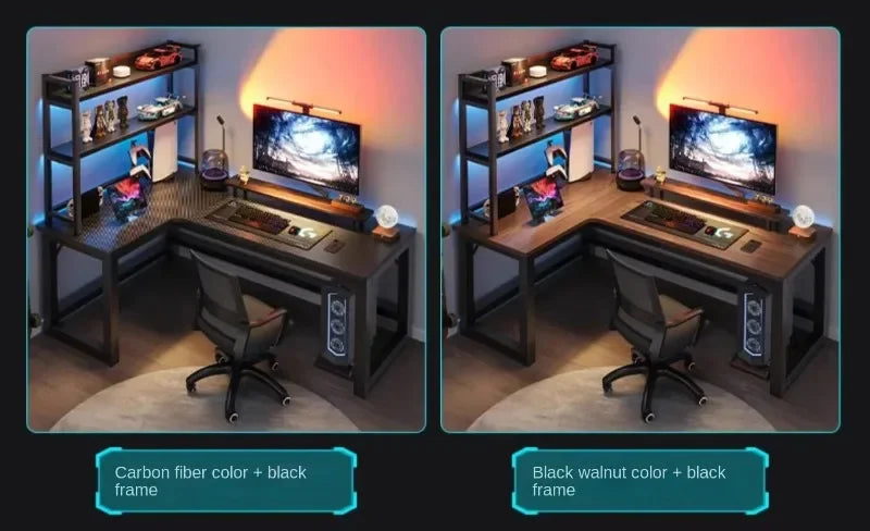 Mesas de computador de canto modernas, mesa dupla, mesa para jogos em cibercafé, mesa para casa, estante integrada, móveis de escritório