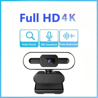 Webcam portátil Full HD 1080P 2K 4K para PC e laptop, com foco automático, ideal para transmissões ao vivo com microfone e iluminação. Transmissão ao vivo flexível e com iluminação integrada.