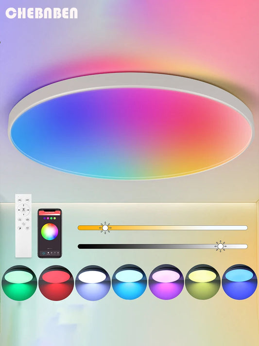 Luminária de teto LED com dimerização remota, brilho inteligente RGB, iluminação Tuya, Bluetooth, decoração de interiores, Alexa, painel de teto LED