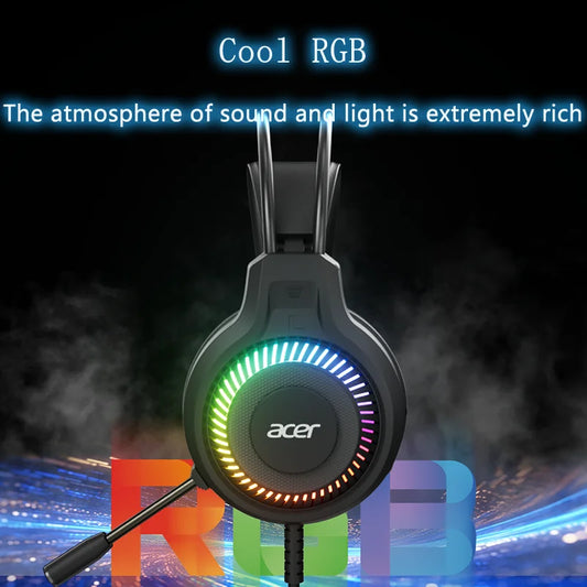 Fones de ouvido Acer Gaming com microfone, som surround virtual estéreo 7.1, luz LED e graves potentes, para jogos de computador (OHW303).