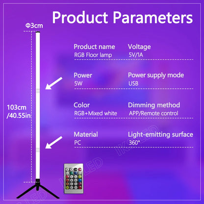 Luminária de chão LED RGB de 120 cm, moderna, para cantos, com design aconchegante, ideal para decoração de interiores. Controle remoto inteligente por aplicativo.