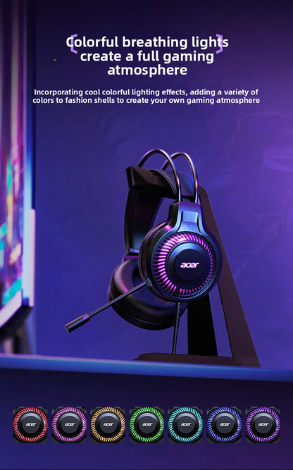 Fones de ouvido Acer Gaming com microfone, som surround virtual estéreo 7.1, luz LED e graves potentes, para jogos de computador (OHW303).
