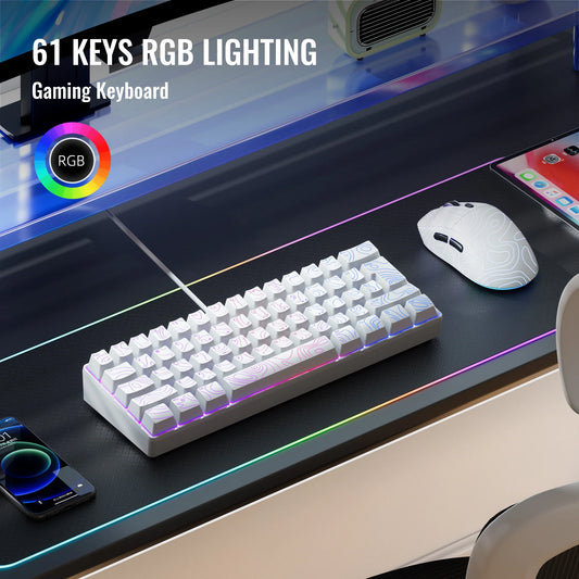 Conjunto de teclado, teclado numérico e mouse para jogos ao 60%, O mini teclado para jogos tem 61 teclas e apresenta uma verdadeira retroiluminação RGB