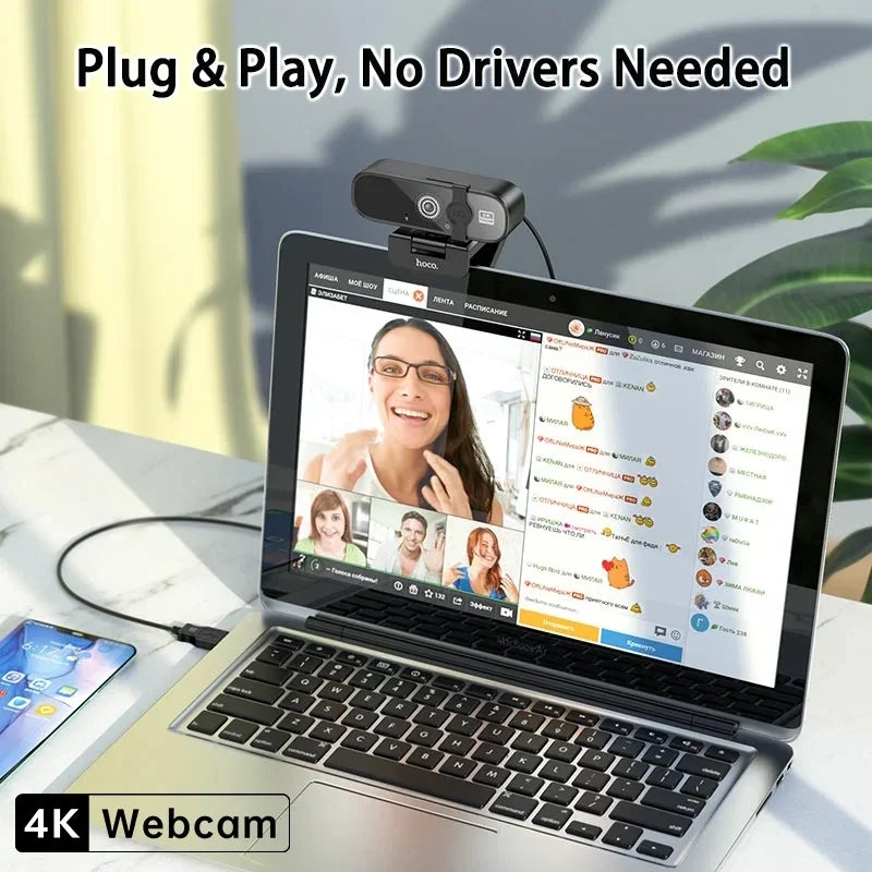 Mini Webcam 4K HD com Microfone, Webcam 2K Full HD, 30fps, Foco Automático, USB, para PC, Laptop e Gravação de Vídeo.