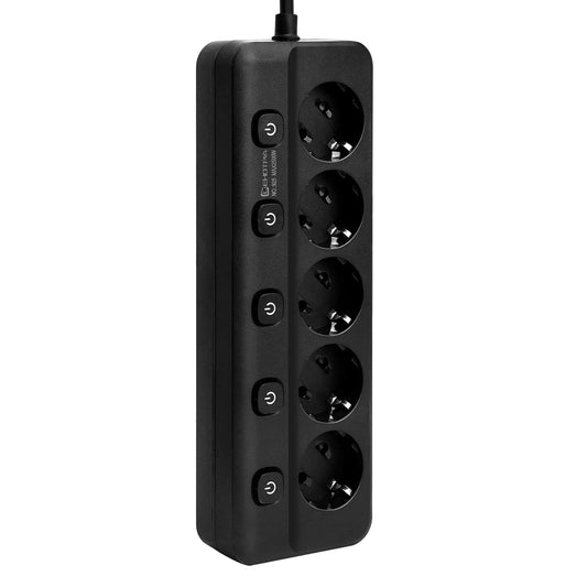 Régua de tomadas com plugue europeu, tomadas CA, extensão elétrica de 1,8 m com interruptor de controle independente e filtro de rede.