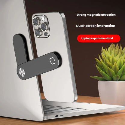 Suporte magnético portátil em liga de alumínio para celular com extensão metálica para tela lateral de laptop.