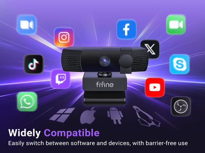 Webcam FIFINE 2K QHD para jogos e transmissões ao vivo, câmera USB Plug & Play para desktop e laptop com foco automático e tampa de privacidade - K436