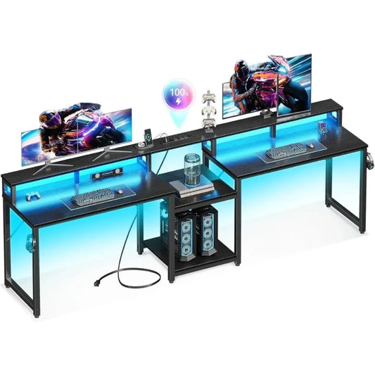 Mesa de jogos com prateleiras de armazenamento, mesa dupla comprida para computador, escritório em casa, com porta de carregamento USB e luzes LED.