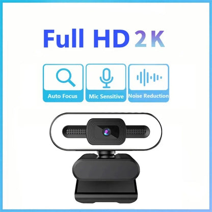 Webcam portátil Full HD 1080P 2K 4K para PC e laptop, com foco automático, ideal para transmissões ao vivo com microfone e iluminação. Transmissão ao vivo flexível e com iluminação integrada.