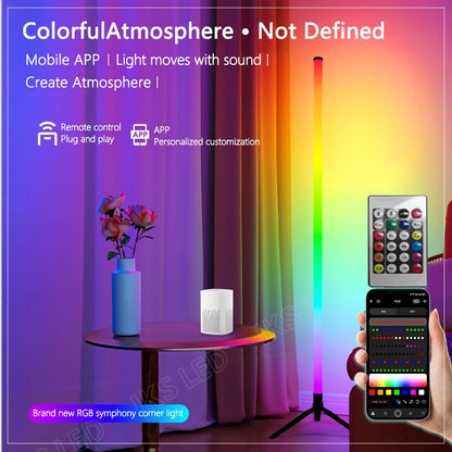 Luminária de chão LED RGB de 120 cm, moderna, para cantos, com design aconchegante, ideal para decoração de interiores. Controle remoto inteligente por aplicativo.