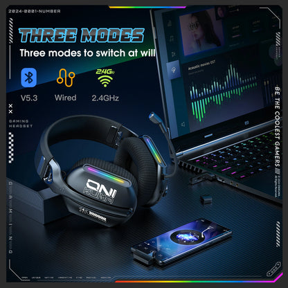 Onikuma GT808 Headset Gamer Sem Fio para E-Sports com Três Modos, Microfone, Iluminação RGB, Compatível com Bluetooth 5.3/2.4G e Entrada Auxiliar de 3,5mm