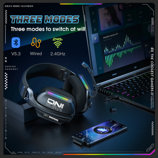 Onikuma GT808 Headset Gamer Sem Fio para E-Sports com Três Modos, Microfone, Iluminação RGB, Compatível com Bluetooth 5.3/2.4G e Entrada Auxiliar de 3,5mm