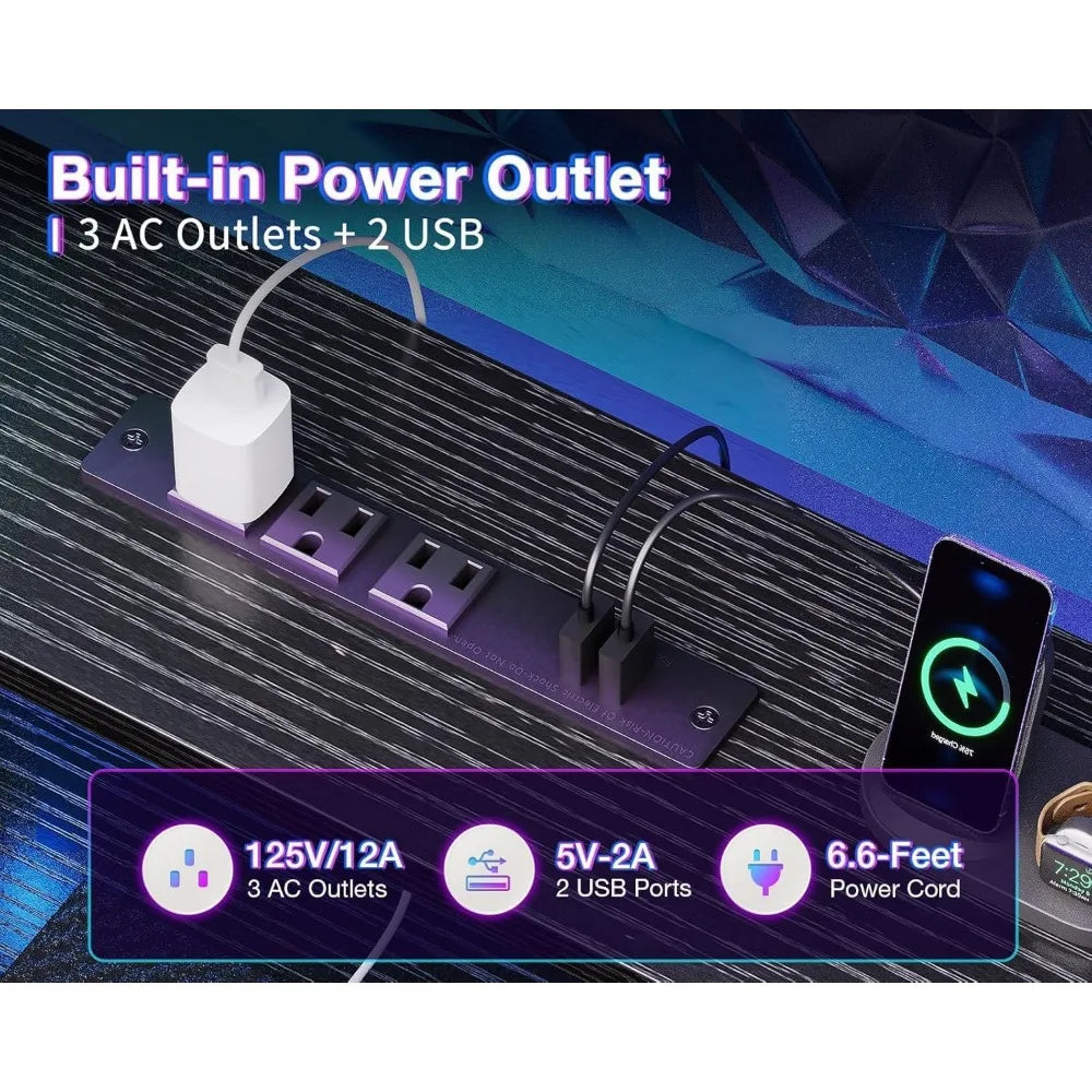 Mesa de jogos com prateleiras de armazenamento, mesa dupla comprida para computador, escritório em casa, com porta de carregamento USB e luzes LED.