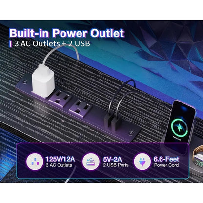 Mesa de jogos com prateleiras de armazenamento, mesa dupla comprida para computador, escritório em casa, com porta de carregamento USB e luzes LED.