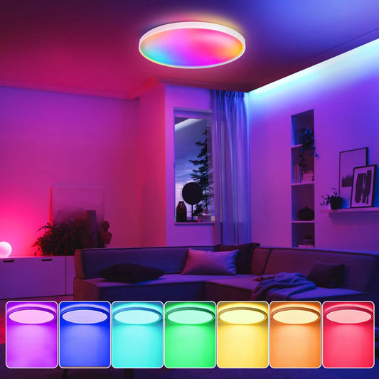 Luminária de teto LED com dimerização remota, brilho inteligente RGB, iluminação Tuya, Bluetooth, decoração de interiores, Alexa, painel de teto LED