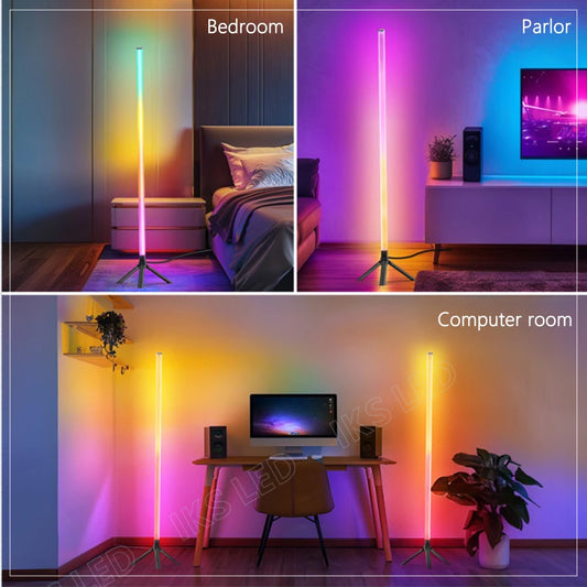 Luminária de chão LED RGB de 120 cm, moderna, para cantos, com design aconchegante, ideal para decoração de interiores. Controle remoto inteligente por aplicativo.