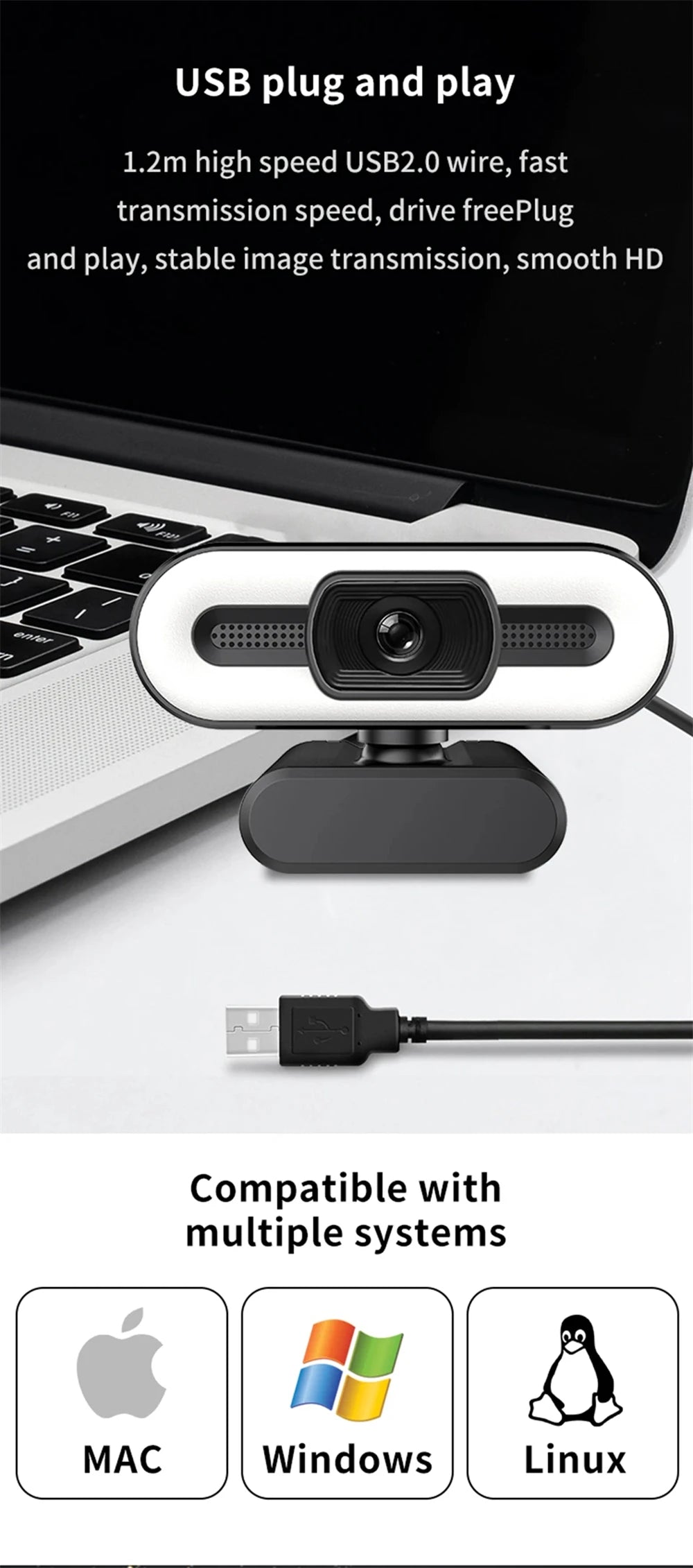 Webcam portátil Full HD 1080P 2K 4K para PC e laptop, com foco automático, ideal para transmissões ao vivo com microfone e iluminação. Transmissão ao vivo flexível e com iluminação integrada.