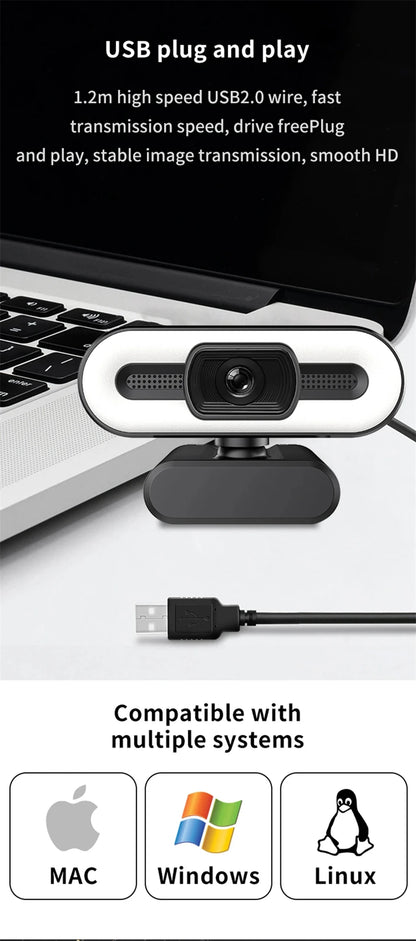 Webcam portátil Full HD 1080P 2K 4K para PC e laptop, com foco automático, ideal para transmissões ao vivo com microfone e iluminação. Transmissão ao vivo flexível e com iluminação integrada.