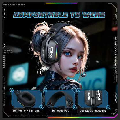 Onikuma GT808 Headset Gamer Sem Fio para E-Sports com Três Modos, Microfone, Iluminação RGB, Compatível com Bluetooth 5.3/2.4G e Entrada Auxiliar de 3,5mm